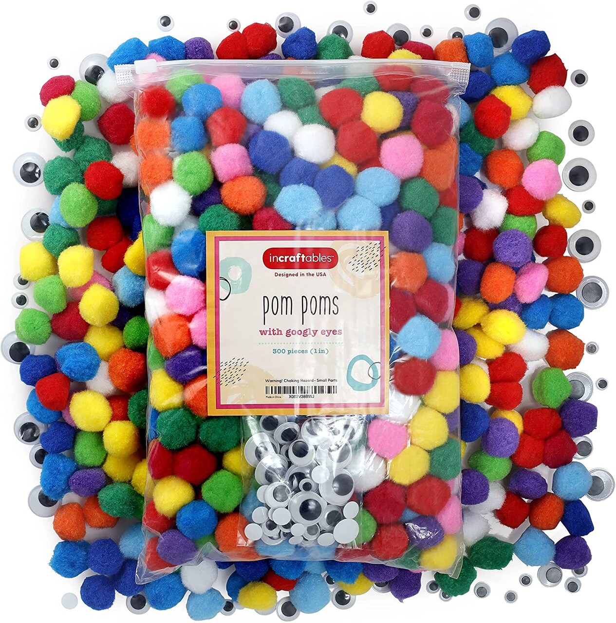 Incraftables 300 pcs Pom Poms with Googly Eyes. Best Colored Cotton 1 inch Puff Balls Pompom for DIY Crafts, Hats, Arts and Decorations. Multicolor Puffy Pompoms Gift Set for Kids & Adults